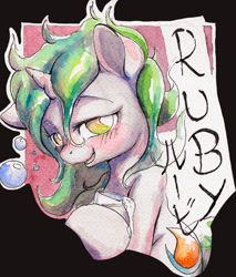 Size: 832x978 | Tagged: safe, artist:ruby, derpibooru import, oc, oc only, oc:asha, pony, unicorn, badge, black background, drink, drunk, female, hoof hold, horn, mare, open mouth, simple background, sitting, smiling, solo, traditional art