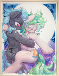 Size: 2219x2861 | Tagged: safe, artist:ruby, derpibooru import, oc, oc only, oc:asha, earth pony, pony, unicorn, bipedal, dancing, duo, eyes closed, female, full moon, high res, horn, male, mare, moon, stallion, traditional art, watercolor painting