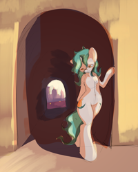 Size: 3000x3750 | Tagged: safe, artist:ruby, derpibooru import, oc, oc only, oc:asha, pony, unicorn, bipedal, doorway, female, high res, horn, looking down, mare, shadow, solo, tunnel