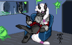 Size: 1110x700 | Tagged: safe, artist:damset, derpibooru import, oc, oc:pepino berbug, changeling, armchair, chair, changeling egg, changeling hive, changeling oc, clothes, female, ms paint, pixel art, purple changeling, smokes, solo, window