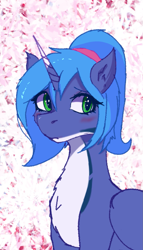 Size: 1009x1764 | Tagged: safe, artist:jarco_082, derpibooru import, oc, oc only, alicorn, blue mane, chest fluff, countershading, female, green eyes, horn, not luna, ponytail, solo, wings