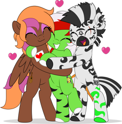 Size: 4912x5000 | Tagged: safe, artist:jhayarr23, derpibooru import, oc, oc:lovesong, oc:nyota, oc:wandering sunrise, earth pony, pegasus, zebra, fallout equestria, fallout equestria: dead tree, bipedal, bisexual, commission, commissioner:solar aura, cute, earth pony oc, eye scar, facial scar, female, group hug, hug, lesbian, pegasus oc, pegasus wings, scar, stripes, wings, your character here, zebra oc