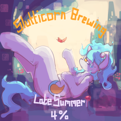 Size: 3000x3000 | Tagged: safe, artist:ruby, derpibooru import, oc, oc only, oc:asha, butterfly, pony, unicorn, alcohol, drink, female, high res, horn, label, lying down, mare, on back, profile, sad, solo