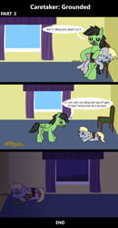 Size: 1920x3688 | Tagged: safe, artist:platinumdrop, derpibooru import, derpy hooves, oc, oc:anon, oc:anon stallion, pegasus, pony, comic:caretaker: grounded, series:caretaker, g4, 3 panel comic, abuse, alone, angry, avoiding eye contact, bedroom, blanket, bound wings, butt, caretaker, chair, come here, comic, commission, crying, cuddling, curtains, derpybuse, dialogue, disciplinary action, discipline, domestic abuse, drool, drool on face, duo, duo male and female, ears, ears back, female, flank, floppy ears, folded wings, indoors, looking at each other, looking at someone, looking away, looking down, lying down, male, mare, mouth hold, onomatopoeia, open mouth, over the knee, pain, plot, prone, punishment, raised hoof, raised leg, reddened butt, room, rope, sad, sad pony, scolding, series, sitting, sound effects, spank marks, spanking, speech bubble, stallion, stern, stubble, talking, tears of pain, tears of sadness, teary eyes, window, wings