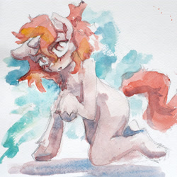 Size: 2974x2974 | Tagged: safe, artist:ruby, derpibooru import, oc, oc only, semi-anthro, unicorn, blushing, high res, horn, human shoulders, kneeling, raised hoof, raised leg, solo, traditional art, watercolor painting