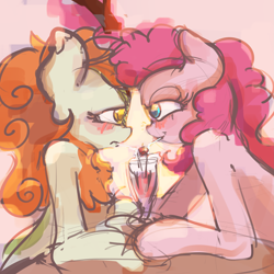 Size: 2715x2715 | Tagged: safe, artist:ruby, derpibooru import, autumn blaze, pinkie pie, earth pony, kirin, semi-anthro, autumnpie, blushing, bust, drink, female, high res, holding hooves, human shoulders, interspecies, lesbian, looking at each other, looking at someone, mare, milkshake, no neck, sharing a drink, shipping, smiling