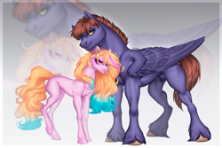 Size: 1280x856 | Tagged: safe, artist:copshop, derpibooru import, oc, oc only, earth pony, pegasus, pony, concave belly, duo, female, fit, folded wings, height difference, male, mare, muscles, nudity, sheath, slender, stallion, standing, thin, wings