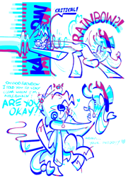 Size: 652x901 | Tagged: safe, artist:yl0w, derpibooru import, applejack, rainbow dash, earth pony, pegasus, pony, g4, 2 panel comic, appledash, applejack's hat, blue text, clothes, comic, concerned, cowboy hat, critical hit, crying, dialogue, dizzy, drool, duo, duo female, eye clipping through hair, eyebrows, eyebrows visible through hair, eyelashes, female, freckles, frown, grimace, hat, heart, holding, holding a pony, kick, kicking, lesbian, limited palette, mare, ponytail, purple text, shipping, simple background, simple backgrund, sweat, sweatdrop, tail, talking, teardrop, text, tied tail, tongue, tongue out, unshorn fetlocks, violence, wavy mouth, white background, wide eyes, wingding eyes