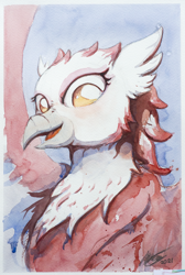 Size: 1684x2500 | Tagged: safe, artist:ruby, derpibooru import, oc, oc only, oc:bobbie, griffon, bust, griffish isles, high res, open mouth, smiling, solo, spread wings, traditional art, watercolor painting, wings