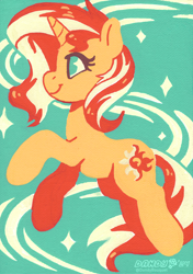 Size: 2926x4152 | Tagged: safe, artist:dandy, derpibooru import, sunset shimmer, pony, unicorn, g4, acrylic painting, female, high res, horn, limited palette, mare, solo, traditional art