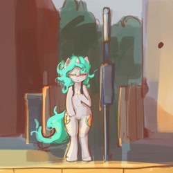 Size: 3000x3000 | Tagged: safe, artist:ruby, derpibooru import, oc, oc only, oc:asha, pony, semi-anthro, unicorn, backpack, bipedal, bus stop, female, high res, horn, lidded eyes, mare, solo, standing, street, tired