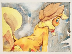 Size: 2048x1536 | Tagged: safe, artist:ruby, derpibooru import, applejack, earth pony, pony, applejack's hat, bipedal, blushing, clothes, cowboy hat, dock, female, hat, high res, human shoulders, looking back, mare, sitting, smiling, solo, tail, traditional art, watercolor painting