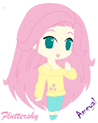 Size: 828x1048 | Tagged: safe, artist:ameyal, derpibooru import, fluttershy, human, clothes, cute, cutie mark on clothes, humanized, smiling