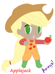 Size: 828x1100 | Tagged: safe, artist:ameyal, derpibooru import, applejack, human, apple, clothes, cutie mark on clothes, food, freckles, humanized