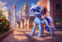 Size: 1216x832 | Tagged: safe, ai content, generator:pony diffusion v6 xl, machine learning generated, minuette, pony, unicorn, canterlot, chest fluff, female, flower, looking at you, magic, mare, smiling, smiling at you, solo, unshorn fetlocks