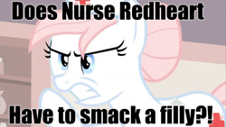 Size: 1280x720 | Tagged: safe, derpibooru import, edit, edited screencap, screencap, nurse redheart, pony, g4, babycakes, caption, female, image macro, meme, solo, text