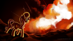 Size: 3482x1959 | Tagged: safe, artist:calebpedigo, derpibooru import, sunset shimmer, pony, unicorn, g4, bunset shimmer, butt, female, fire, high res, horn, looking at something, mare, plot, solo