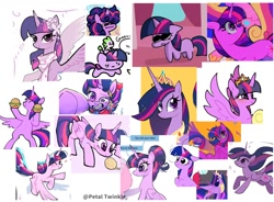Size: 1440x1058 | Tagged: safe, artist:petaltwinkle, derpibooru import, princess cadance, princess twilight 2.0, spike, twilight sparkle, twilight sparkle (alicorn), unicorn twilight, alicorn, dragon, pony, unicorn, alternate hairstyle, bipedal, clothes, collage, compilation, dragons riding ponies, ears, eyes closed, female, floppy ears, flower, flower in hair, gritted teeth, hair bun, heart, heart eyes, mare, missing cutie mark, new crown, older, older twilight, older twilight sparkle (alicorn), pomni, riding, scarf, simple background, smiling, solo focus, spike riding twilight, teary eyes, teeth, that pony sure does love burgers, the amazing digital circus, twilight burgkle, white background, wingding eyes, yarn, yarn ball