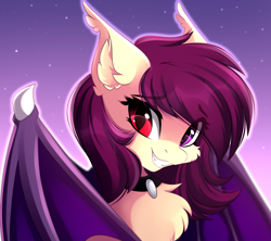 Size: 4444x3941 | Tagged: safe, artist:airiniblock, derpibooru import, oc, oc only, oc:angel songbird, bat pony, bat pony oc, bat wings, bust, chest fluff, choker, commission, ear fluff, ears, fangs, female, heterochromia, looking at you, mare, portrait, shy, smiling, smiling at you, solo, wings