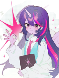 Size: 1080x1440 | Tagged: safe, artist:凨凨, derpibooru import, twilight sparkle, human, equestria girls, g4, book, clothes, cutie mark, cutie mark background, female, horn, humanized, looking at you, necktie, partially open wings, simple background, smiling, solo, white background, wings