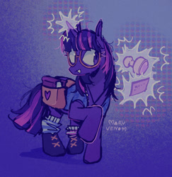 Size: 1431x1470 | Tagged: safe, artist:mary-venom, derpibooru import, twilight sparkle, unicorn twilight, pony, unicorn, g4, abstract background, bag, big eyes, blouse, blushing, book, clothes, eyelashes, female, glasses, glowing, glowing horn, horn, jewelry, library card, magic, mare, mismatched socks, multicolored mane, multicolored tail, necklace, open mouth, purple coat, purple eyes, purple mane, purple tail, raised hoof, raised leg, round glasses, saddle bag, shirt, shoes, signature, socks, solo, stamp, standing, straight mane, straight tail, tail, telekinesis, wingding eyes