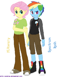 Size: 287x390 | Tagged: safe, artist:ameyal, derpibooru import, edit, butterscotch, fluttershy, rainbow blitz, rainbow dash, equestria girls, g4, boots, clothes, cutie mark on clothes, duo, duo male, equestria guys, flutterdash, gay, holding hands, male, pants, rule 63, ship:butterblitz, shipping, shirt, shoes, simple background, white background, wrong name