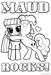 Size: 2057x3029 | Tagged: safe, derpibooru import, maud pie, pinkie pie, earth pony, pony, g4, bipedal, black and white, coloring book, coloring page, cute, duo, duo female, female, grayscale, grin, heart, hug, mare, monochrome, official, pun, scan, siblings, simple background, sisters, smiling, text, truth, white background