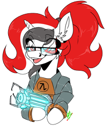 Size: 1464x1732 | Tagged: artist needed, safe, derpibooru import, oc, oc only, oc:red rocket, unicorn, clothes, cosplay, costume, glasses, gravity gun, half-life, half-life 2, happy, hev suit, horn, lambda, simple background, solo, transparent background