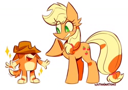 Size: 1199x850 | Tagged: safe, artist:wutanimations, derpibooru import, applejack, earth pony, g4, applejack's hat, bingo heeler, bluey, clothes, cowboy hat, crossover, cute, emanata, eye clipping through hair, female, hat, mare, open mouth, raised hoof, raised leg, simple background, smiling, sparkles, sweat, sweatdrops, white background