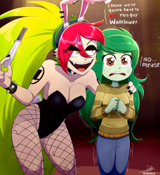 Size: 2034x2234 | Tagged: safe, artist:the-butch-x, derpibooru import, wallflower blush, human, equestria girls, g4, bare shoulders, bunny suit, clothes, corset, crossover, demencia, duo, eyeshadow, fangs, female, i think we're gonna have to kill this guy, knife, makeup, meme, nail polish, open mouth, playboy bunny, scared, sleeveless, spiked wristband, strapless, striped swimsuit, swimsuit, tattoo, this will end in death, villainous, wristband