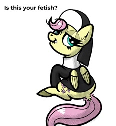 Size: 997x1080 | Tagged: safe, artist:scandianon, derpibooru import, fluttershy, pegasus, pony, bedroom eyes, female, flutternun, lip bite, looking at you, looking back, looking back at you, mare, nun, nun outfit, simple background, sitting, solo, talking to viewer, white background