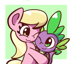 Size: 1600x1384 | Tagged: safe, artist:derp pone, derpibooru import, lily, lily valley, spike, dragon, earth pony, cute, duo male and female, female, hug, interspecies, lilyspike, male, shipping, simple background, spikelove, straight