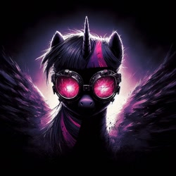 Size: 1024x1024 | Tagged: safe, ai content, derpibooru import, generator:bing image creator, generator:dall-e 3, machine learning generated, twilight sparkle, twilight sparkle (alicorn), alicorn, pony, g4, bust, glowing, glowing eyes, goggles, prompter:enterusxrname, red eyes, simple background, solo, spread wings, wings