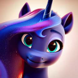 Size: 512x512 | Tagged: safe, ai content, derpibooru import, generator:pony diffusion v6 xl, generator:stable diffusion, machine learning generated, princess luna, alicorn, pony, bust, female, head tilt, looking at you, mare, portrait, simple background, smiling, smiling at you, solo