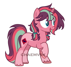 Size: 1700x1609 | Tagged: safe, artist:chaemvsk, derpibooru import, oc, oc only, oc:cassidy jones apple, pony, unicorn, base used, coat markings, female, hair tie, horn, mare, multicolored hair, offspring, open mouth, open smile, parent:big macintosh, parent:twilight sparkle, parents:twimac, signature, simple background, smiling, solo, striped mane, transparent background, unshorn fetlocks