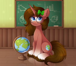 Size: 3000x2600 | Tagged: safe, artist:madelinne, derpibooru import, oc, oc only, oc:globetrotter, unicorn, bow, chalkboard, classroom, globe, hair bow, horn, reflection, school, solo, unicorn oc