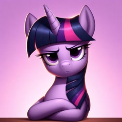 Size: 1024x1024 | Tagged: safe, ai content, derpibooru import, generator:dall-e 3, machine learning generated, twilight sparkle, crossed arms, gradient background, looking at you, solo, twilight sparkle is not amused, unamused