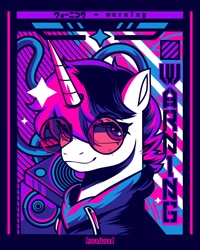 Size: 2400x3000 | Tagged: safe, artist:poxy_boxy, derpibooru import, oc, oc only, pony, unicorn, abstract background, bust, clothes, commission, hoodie, horn, limited palette, smiling, solo, sunglasses, text