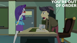 Size: 2000x1125 | Tagged: safe, derpibooru import, edit, edited screencap, editor:quoterific, screencap, cranky doodle donkey, rarity, better together, equestria girls, happily ever after party, chair, chalkboard, projector, table