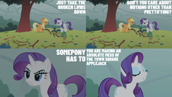 Size: 2000x1125 | Tagged: safe, derpibooru import, edit, edited screencap, editor:quoterific, screencap, applejack, rarity, g4, look before you sleep, branches, lasso, rope, sticks, tree