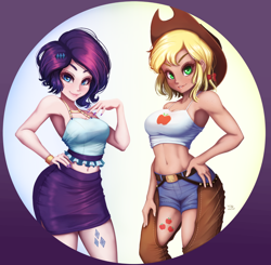 Size: 1022x1000 | Tagged: safe, artist:the-park, derpibooru import, applejack, rarity, human, armpits, bare shoulders, chaps, clothes, cowboy hat, duo, female, hat, humanized, midriff, short hair, shorts, skirt, sleeveless, tanktop