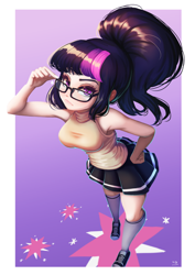 Size: 706x1000 | Tagged: safe, artist:the-park, derpibooru import, sci-twi, twilight sparkle, human, equestria girls, g4, bare shoulders, cutie mark background, female, gradient background, grumpy, light skin, sleeveless, solo, stare