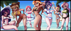 Size: 7424x3300 | Tagged: safe, artist:the-park, derpibooru import, applejack, fluttershy, pinkie pie, rainbow dash, rarity, sci-twi, sunset shimmer, twilight sparkle, human, equestria girls, armpits, bare shoulders, beach, beach chair, bikini, chair, clothes, cutie mark on human, cutie mark tattoo, female, human coloration, humane five, humane seven, humane six, ocean, sleeveless, strapless, swimsuit, tattoo, tube, water