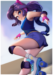 Size: 706x1000 | Tagged: safe, artist:the-park, derpibooru import, rarity, human, equestria girls, g4, armpits, bare shoulders, clothes, elbow pads, female, headphones, human coloration, knee pads, ponytail, roller skates, shorts, skates, sleeveless, solo