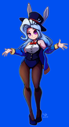 Size: 542x1000 | Tagged: safe, artist:the-park, derpibooru import, trixie, human, equestria girls, g4, bare shoulders, blue background, breasts, bunny ears, clothes, female, human coloration, jersey, magician outfit, pantyhose, simple background, solo, titsie