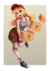 Size: 706x1000 | Tagged: safe, artist:the-park, derpibooru import, derpy hooves, human, equestria girls, g4, bare shoulders, box, breasts, clothes, delivery, derpy loaves, female, gradient background, human coloration, open mouth, open smile, passepartout, sleeveless, smiling, solo, tanktop, this will end in property damage, underp