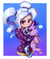 Size: 857x1000 | Tagged: safe, artist:the-park, derpibooru import, starlight glimmer, trixie, human, pony, unicorn, alternate hairstyle, babysitter trixie, blush lines, blushing, clothes, duo, female, gameloft, gradient background, grumpy, holding a pony, hoodie, horn, humanized, lesbian, looking at you, mine!, my little pony: magic princess, passepartout, pictogram, possessive, shipping, startrix, sweat