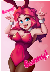 Size: 706x1000 | Tagged: safe, artist:the-park, derpibooru import, pinkie pie, human, equestria girls, g4, armpits, bare shoulders, bowtie, breasts, bunny ears, bunny suit, cleavage, clothes, cuffs (clothes), devil horn (gesture), female, gradient background, leotard, looking at you, open mouth, open smile, pantyhose, pinkie pies, sleeveless, smiling, solo, strapless