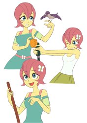 Size: 2894x4093 | Tagged: safe, artist:haibaratomoe, derpibooru import, fluttershy, bird, equestria girls, g4, alternate hairstyle, broom, clothes, cute, dress, female, grin, gritted teeth, hose, one eye closed, open mouth, short hair, short hair fluttershy, shyabetes, simple background, skirt, smiling, solo, tanktop, teeth, white background