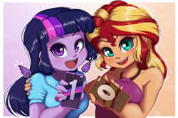 Size: 1508x1000 | Tagged: safe, artist:the-park, derpibooru import, sunset shimmer, twilight sparkle, human, equestria girls, g4, anniversary art, bare shoulders, blush lines, blushing, cellphone, duo, female, floating wings, hand on shoulder, looking at you, open mouth, open smile, phone, sleeveless, smiling, wings